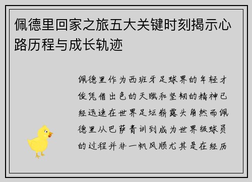 佩德里回家之旅五大关键时刻揭示心路历程与成长轨迹