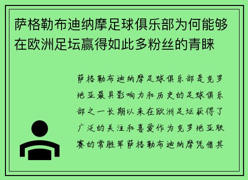 萨格勒布迪纳摩足球俱乐部为何能够在欧洲足坛赢得如此多粉丝的青睐